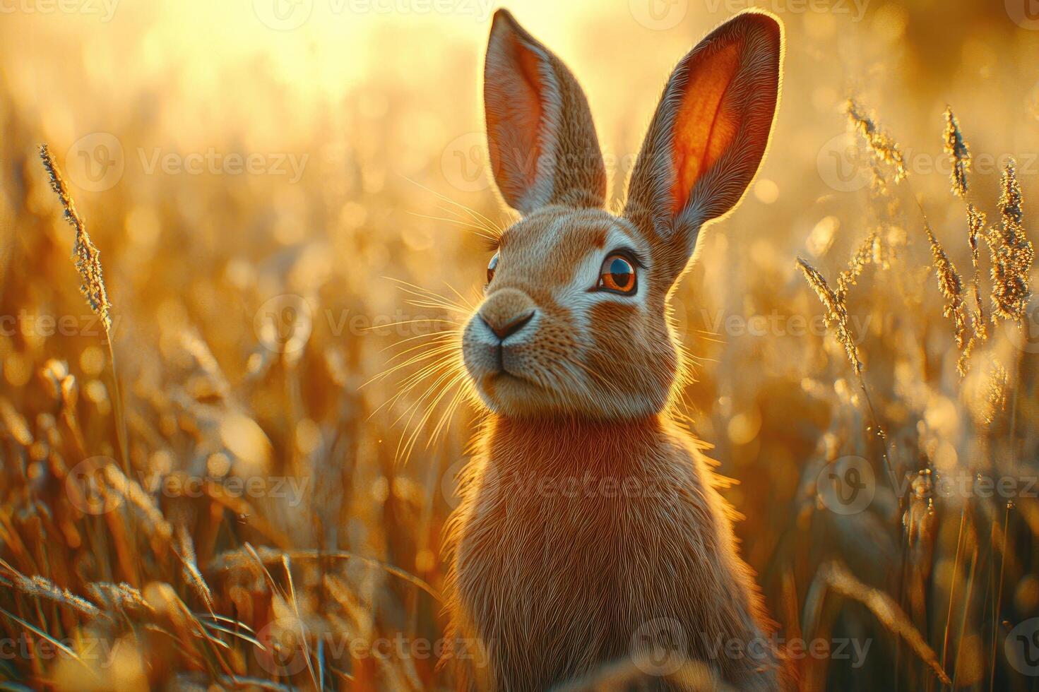 Adorable wild rabbit posing in a field of flowers photo
