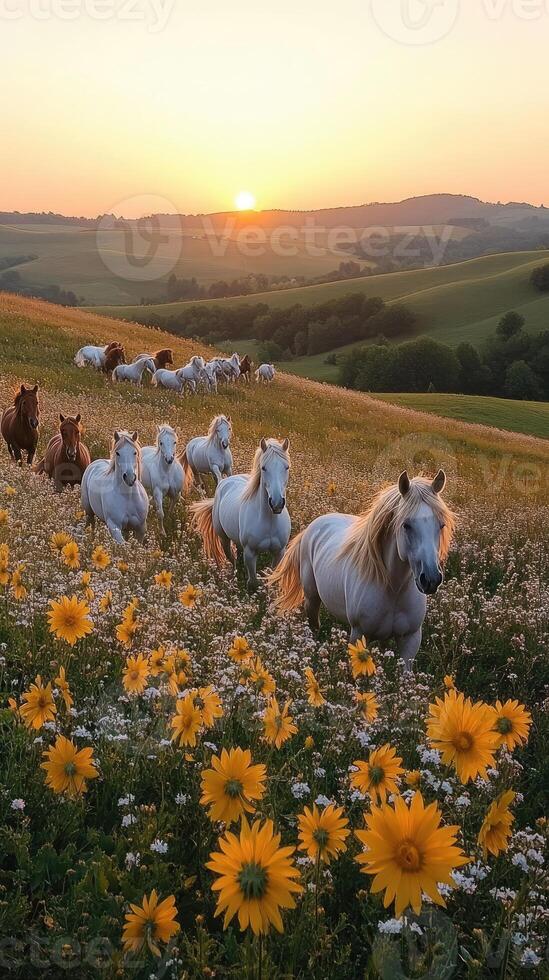 Herd of horses running through field of flowers at sunset photo