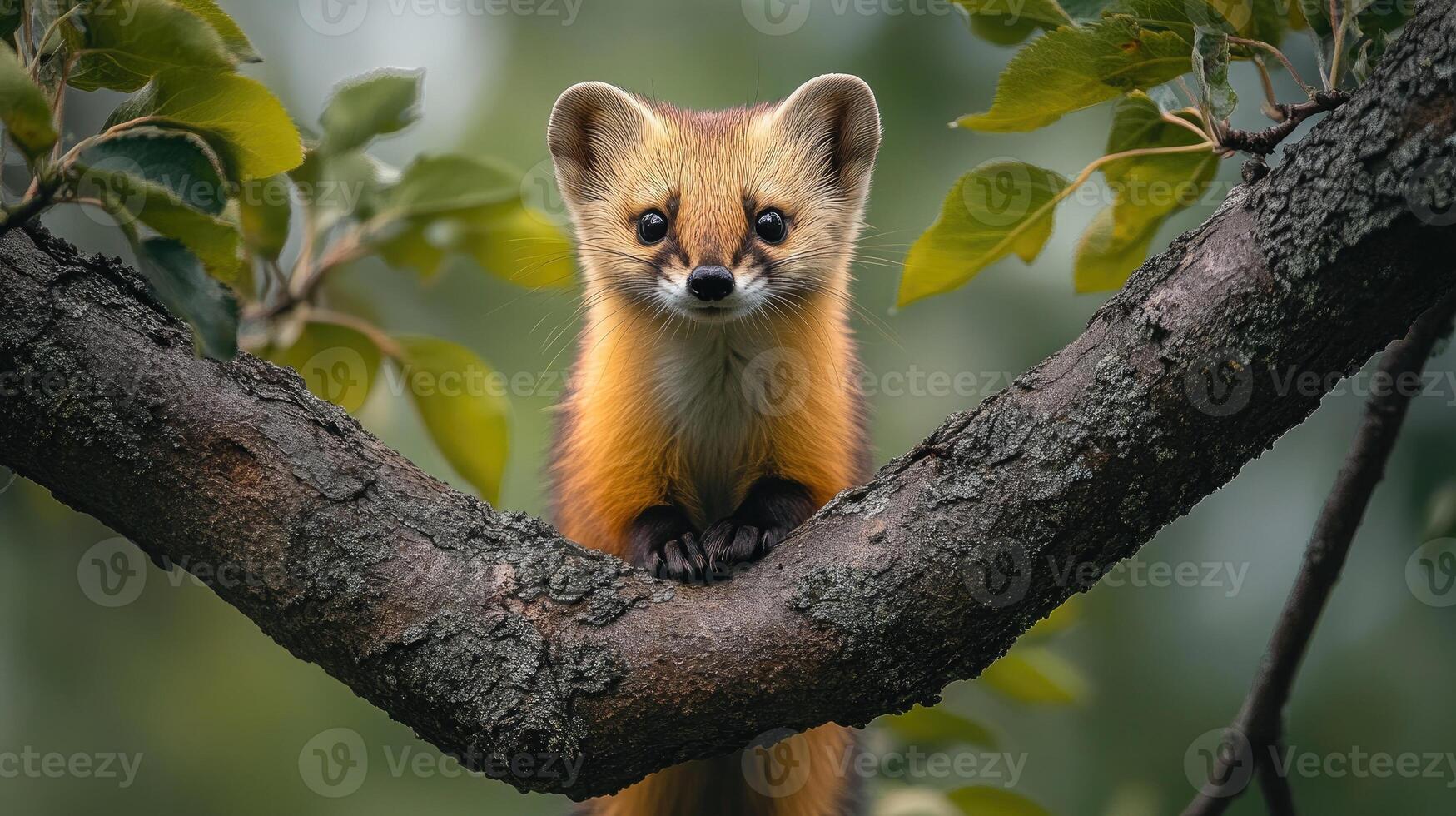 Yellow-throated marten peeking over branch in forest photo