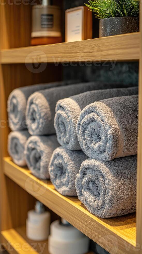 Stack of fresh white towels resting on wooden shelf in spa photo