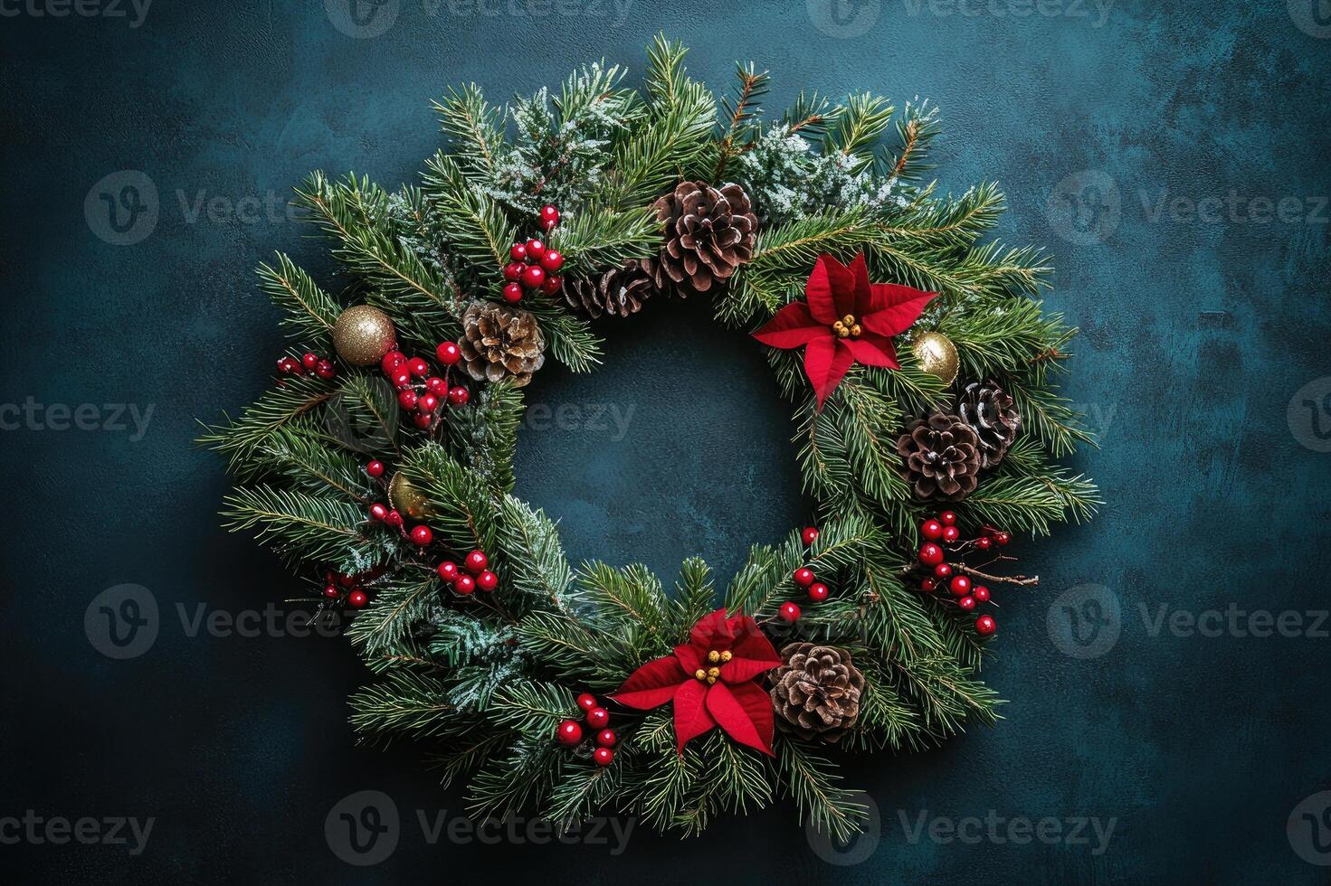 Christmas wreath with pine cones and red berries lying on dark background photo
