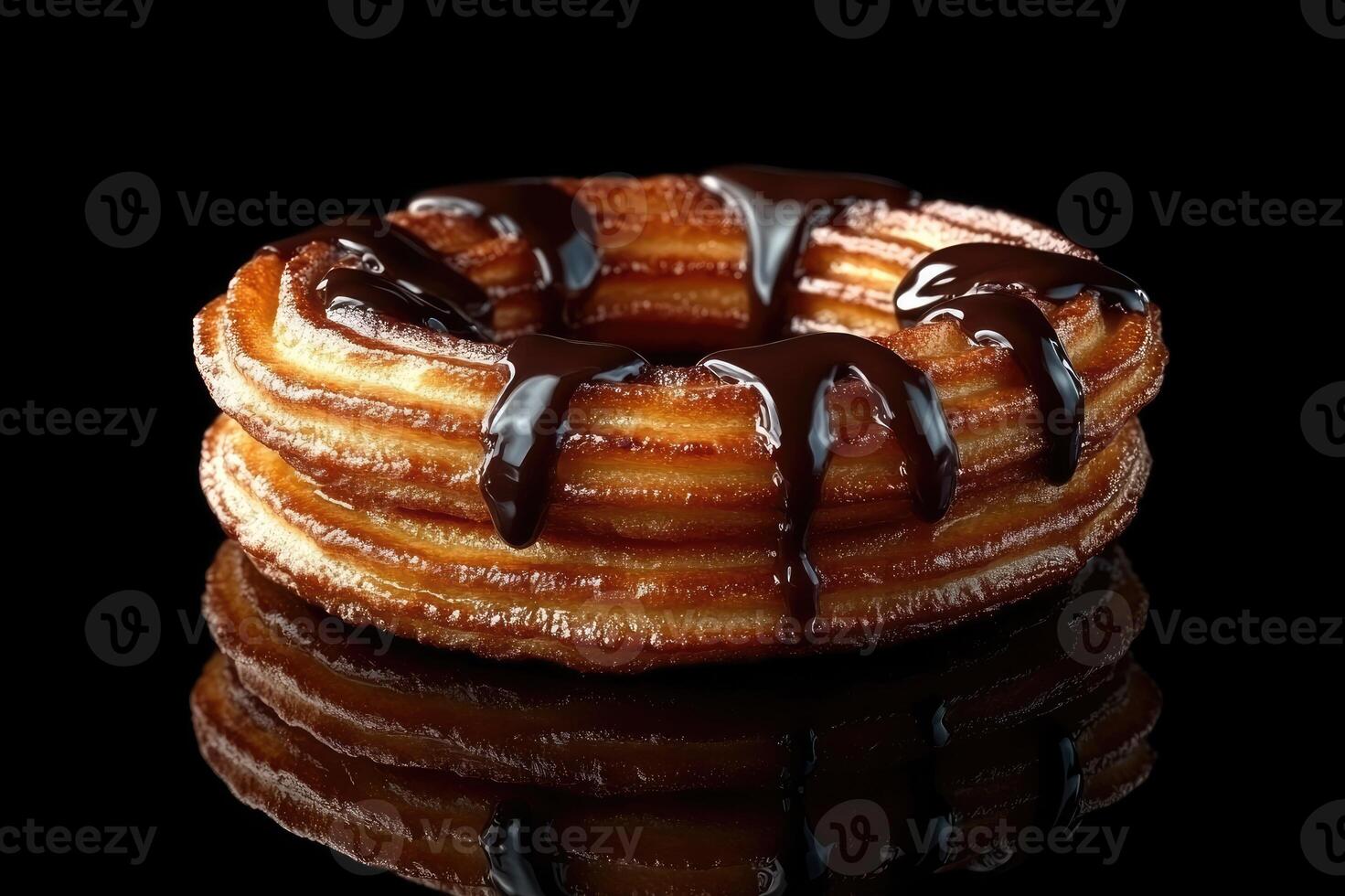 Stack of freshly cooked churros covered with melted chocolate and sugar sprinkles photo