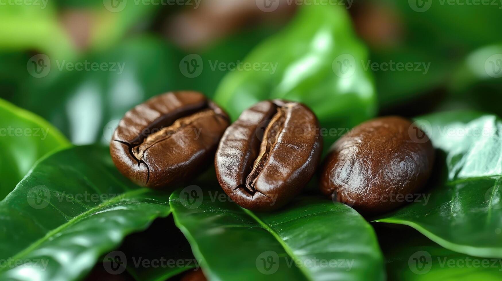 Roasted coffee beans showing different roasting degrees and fresh coffee leaves photo