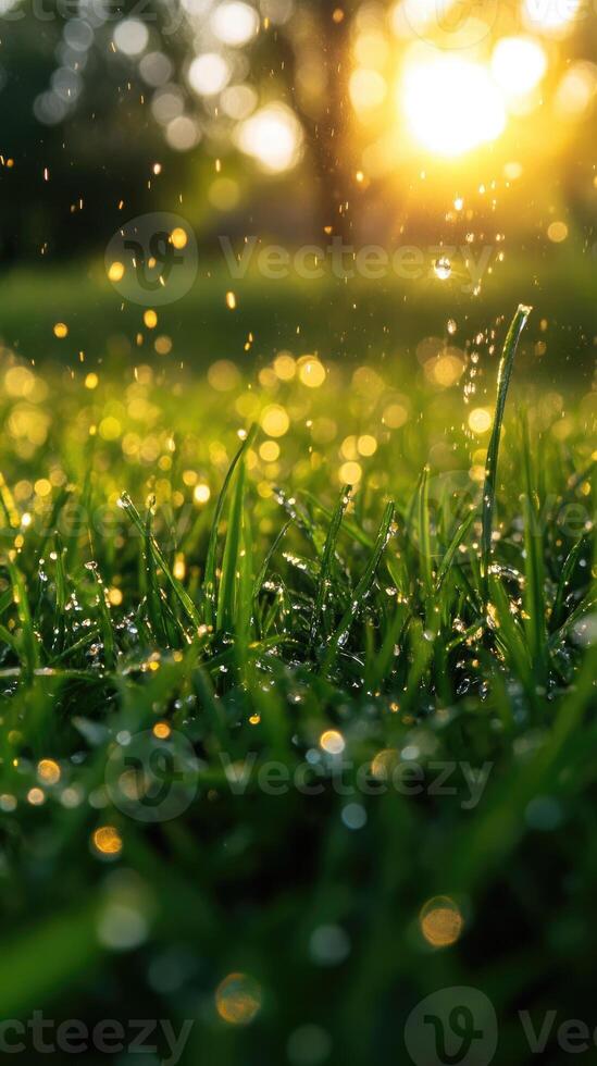 Dewy grass sparkling in the warm light of the rising sun photo