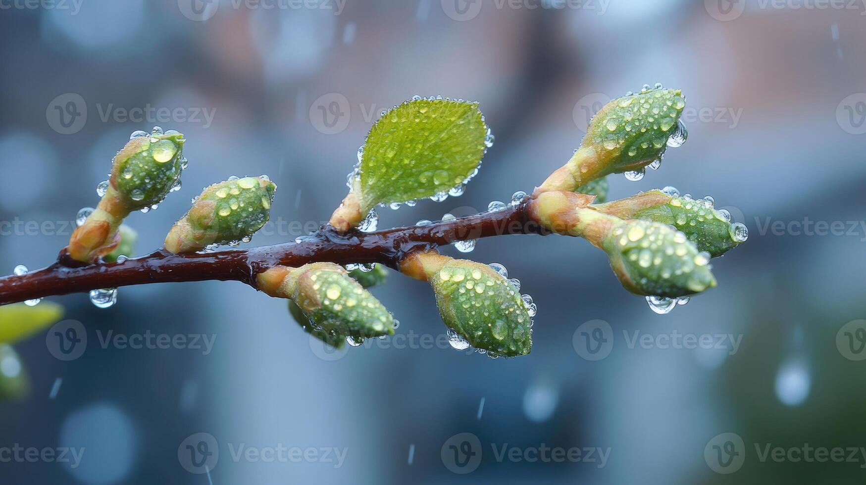 Apple tree branch with flower buds covered in rain drops is glowing in sunlight photo