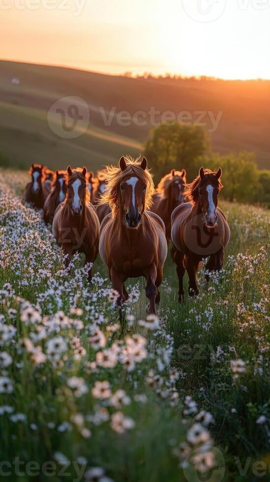Herd of horses running through field of daisies at sunset photo