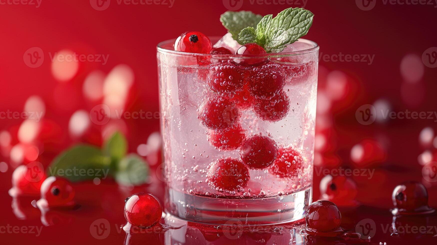 Refreshing red cocktail with ice, redcurrant and mint on red background photo