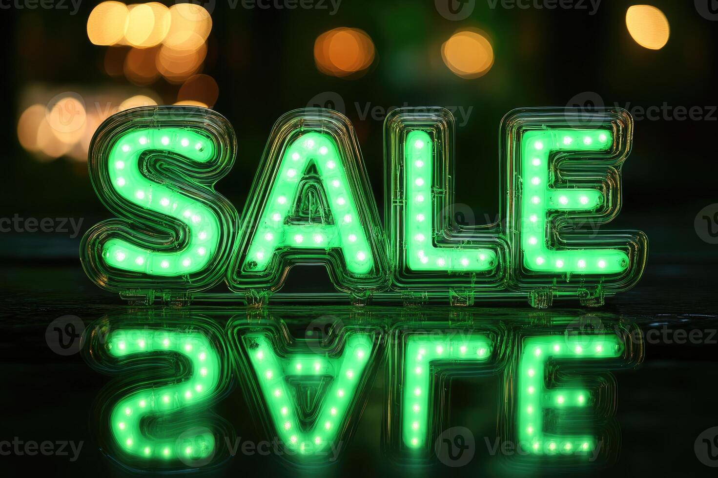 Green neon sale sign illuminating empty city street at night photo