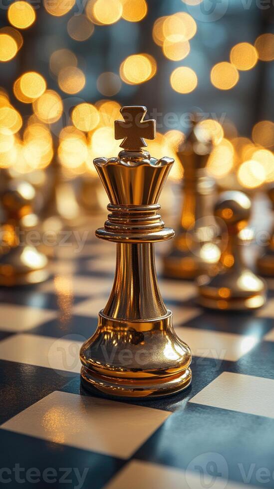 Golden king chess piece standing on chessboard with bokeh lights photo