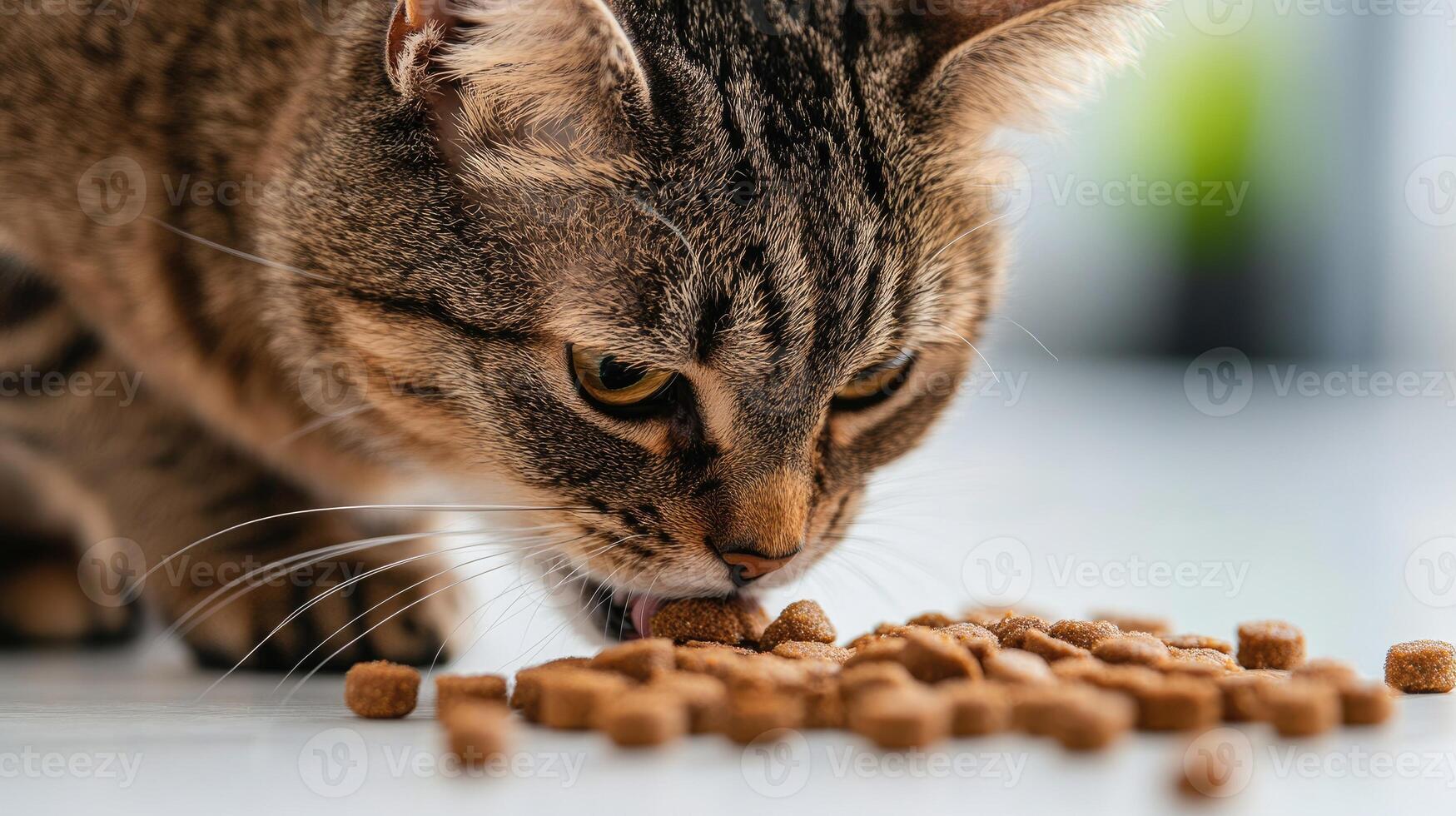 Tabby cat eating dry food on the floor photo