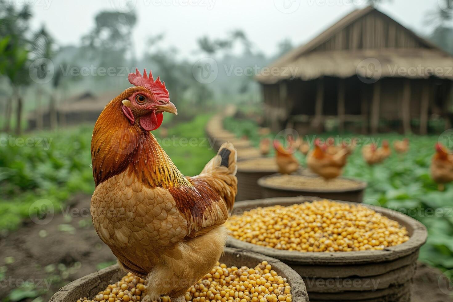 Rooster standing on edge of barrel looking over soybeans on farm photo