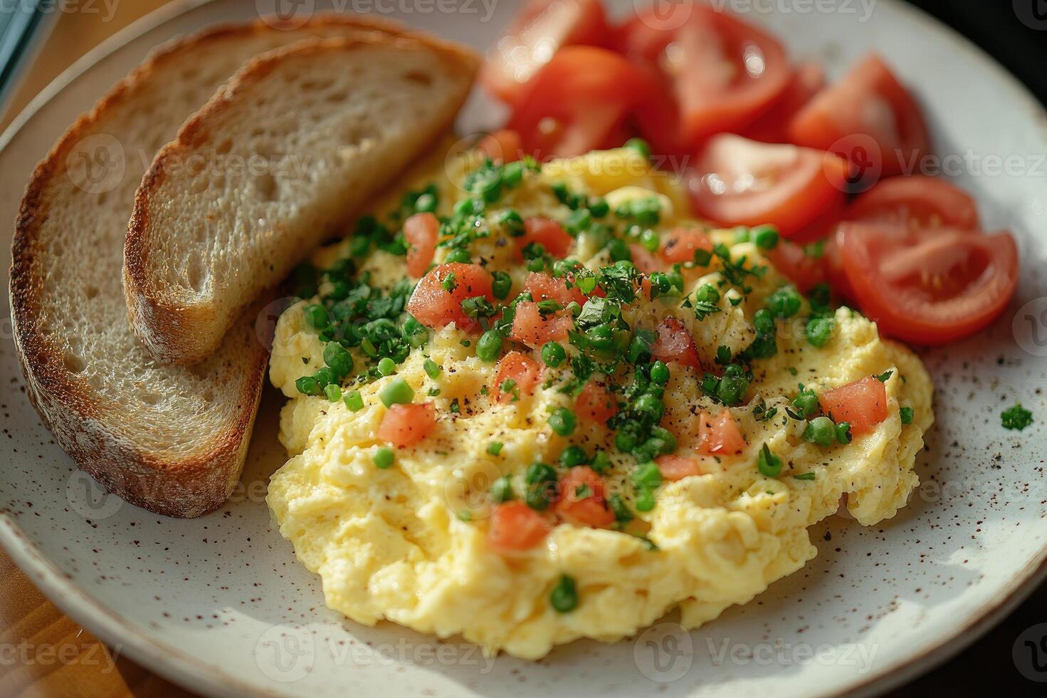 Plate of scrambled eggs topped with chives and served with toast and tomatoes photo