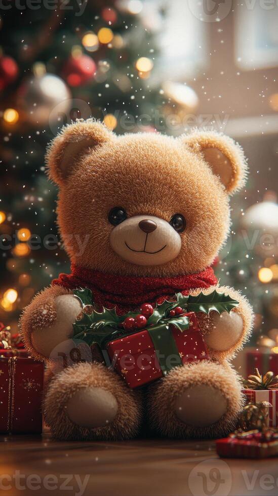 Cute teddy bear holding christmas gift in front of christmas tree photo