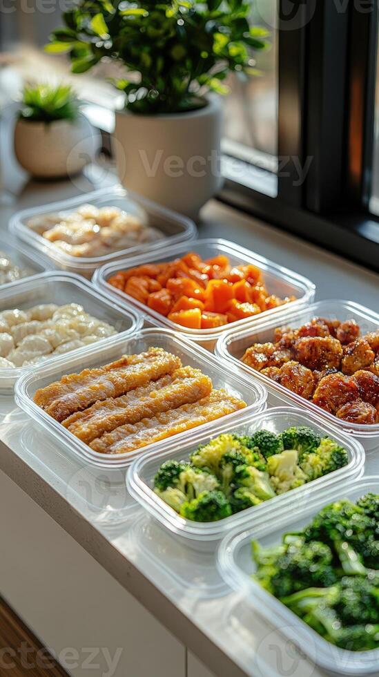 Meal prep containers lined up with healthy food options photo