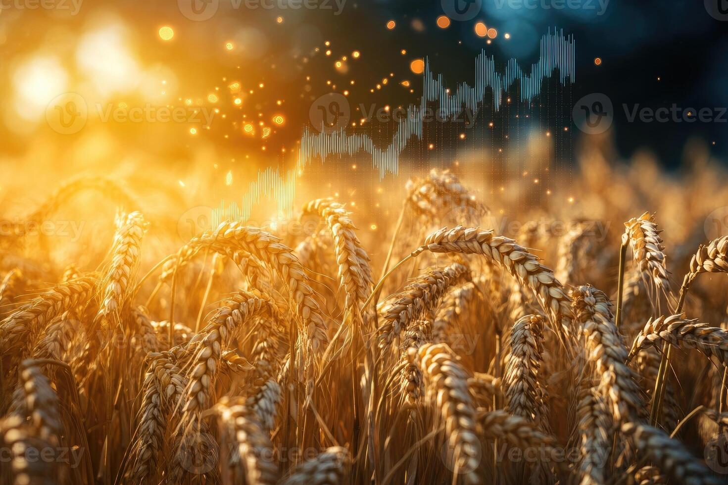 Golden wheat field at sunset with growing finance chart indicating growth in agricultural business photo