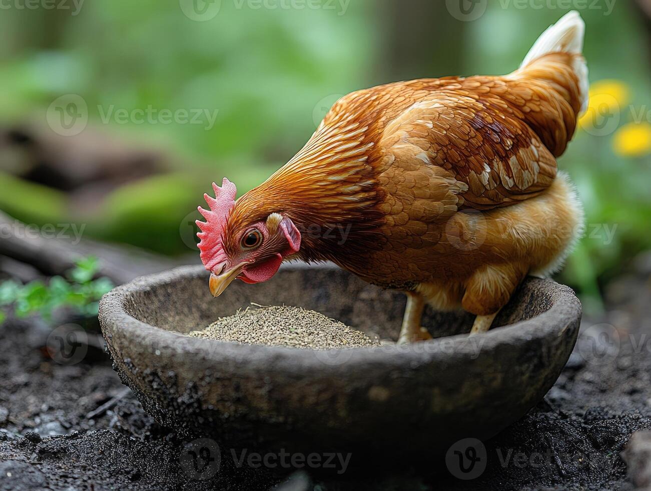 Red hen eating grains from a stone bowl photo