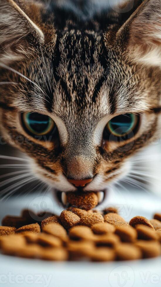 Ginger cat guarding food lying on white table photo