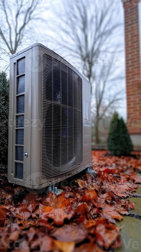 Heat pump standing on wet autumn leaves during fall season photo