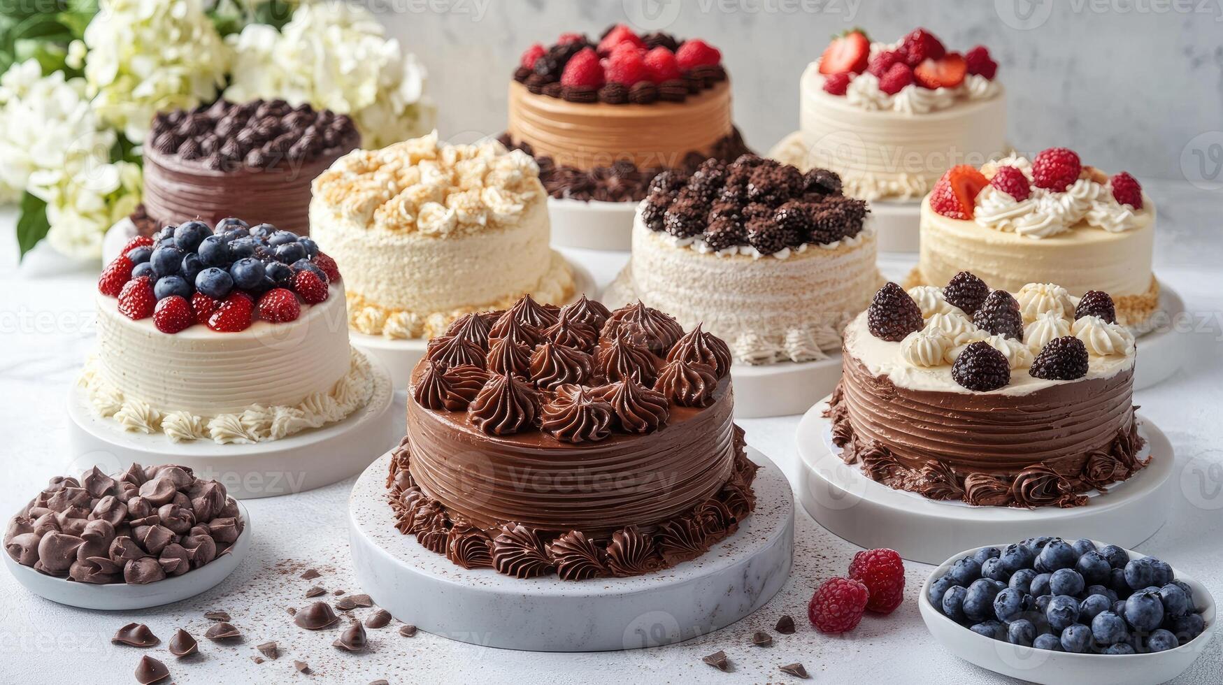 Delicious cakes with fresh fruits are waiting for the guests on the table photo