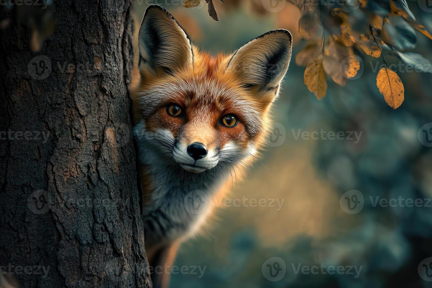 Curious red fox peeking from behind a tree in autumn photo