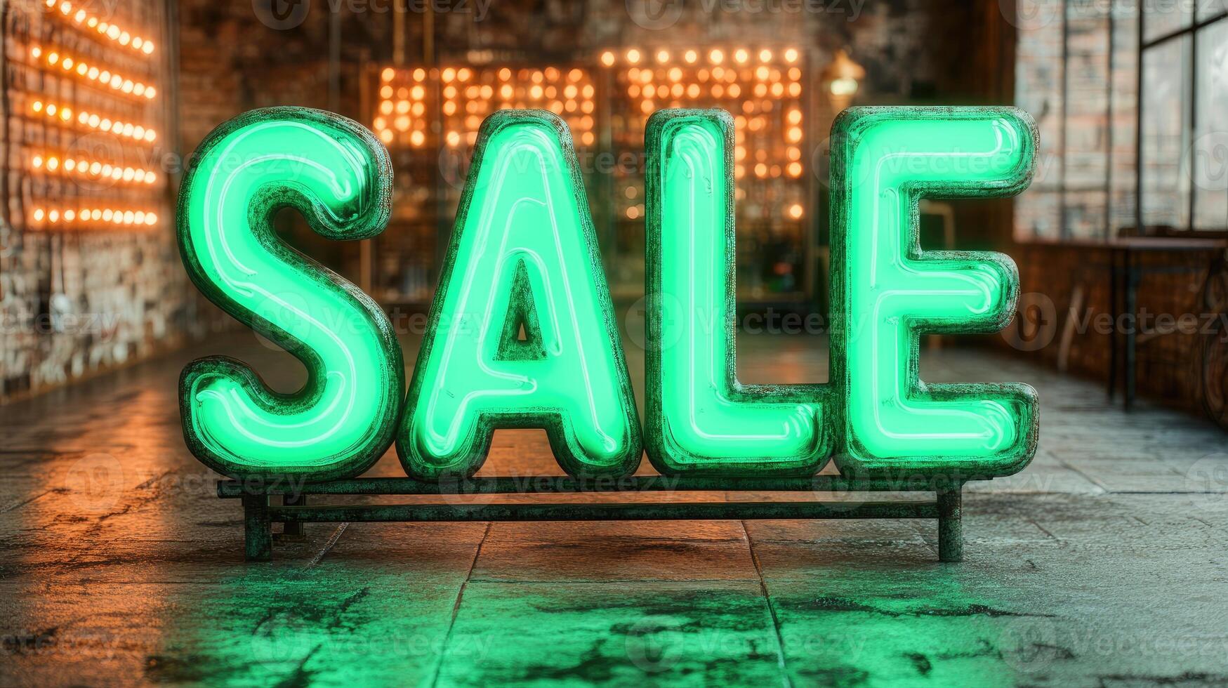 Big neon sale sign glowing in dark empty corridor background photo
