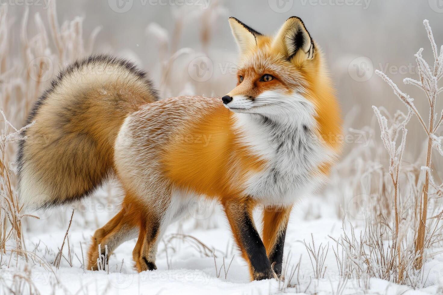 Red fox standing on snow covered ground looking right photo