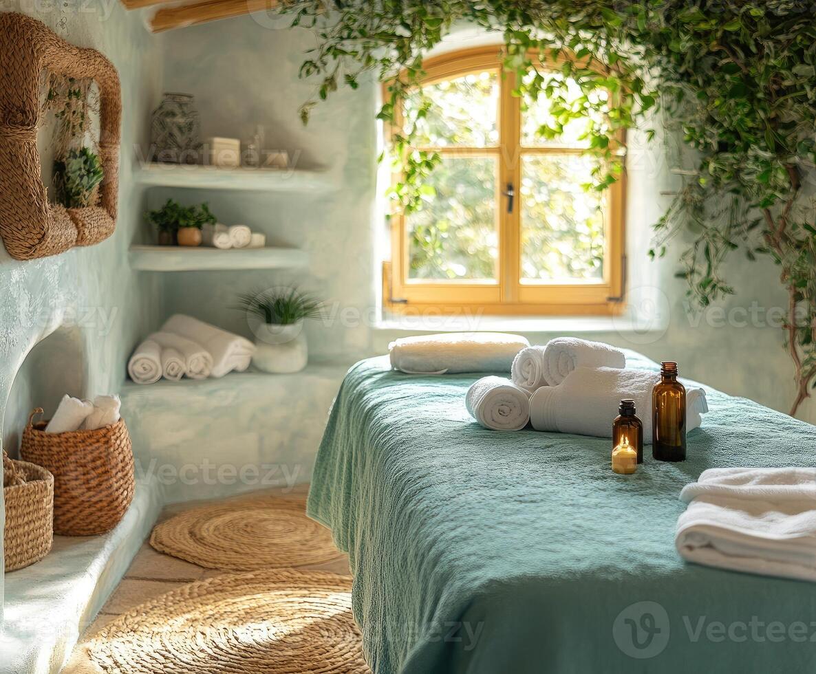 Empty massage table waiting in tranquil spa room with sunlight streaming through window photo