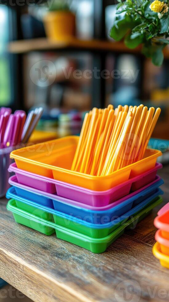 Colorful plastic trays holding cutlery in a restaurant photo