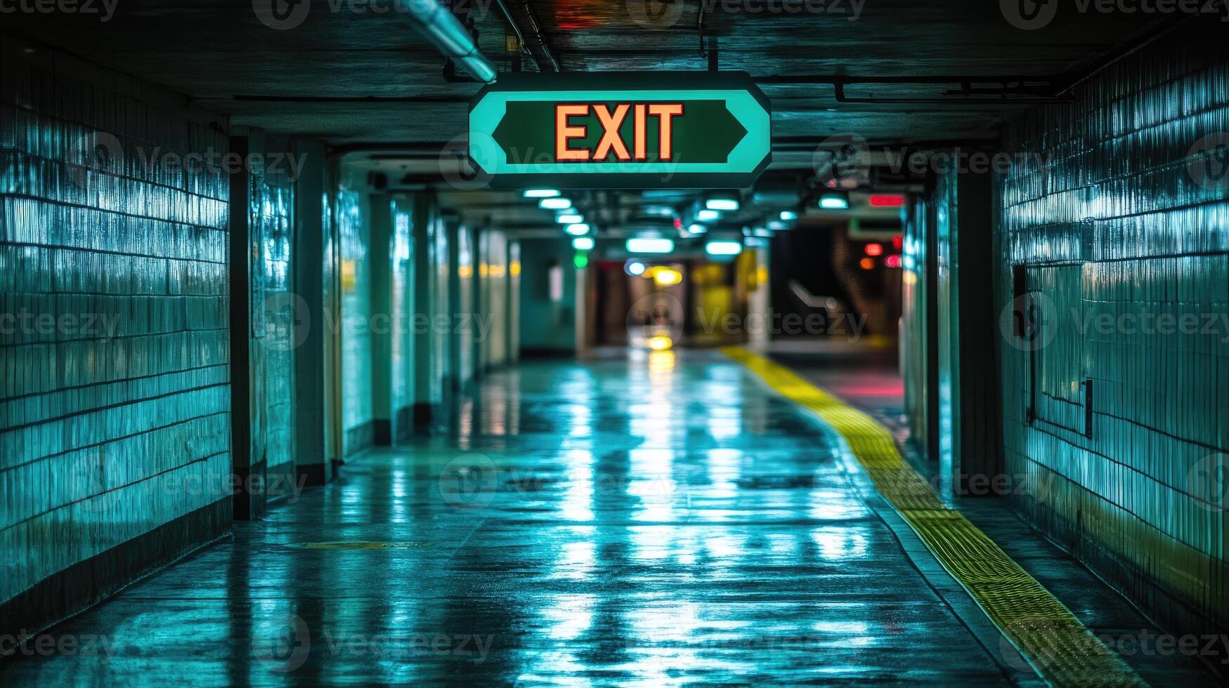 Old exit sign showing the way out of building photo