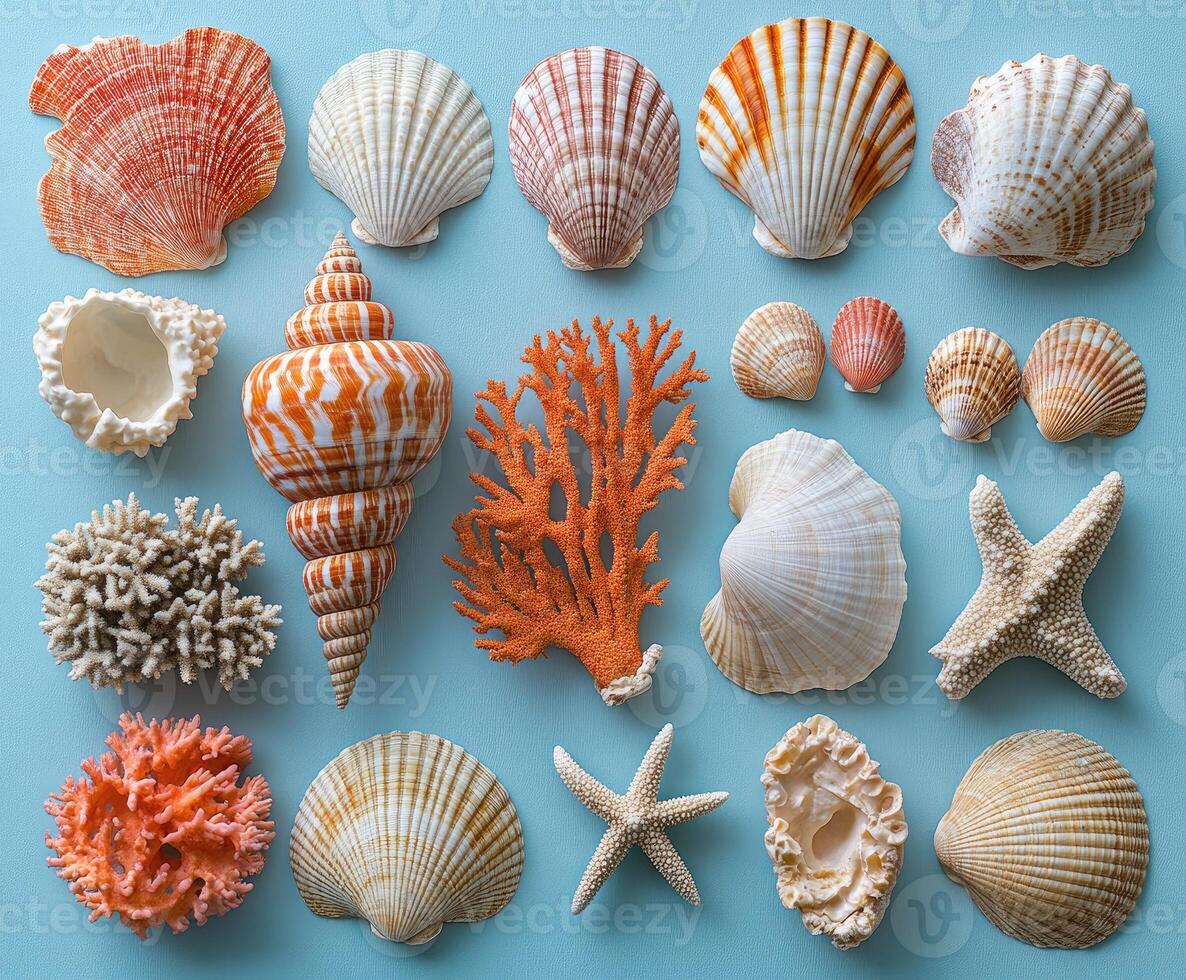 Variety of colorful seashells and corals forming a pattern on a blue background photo