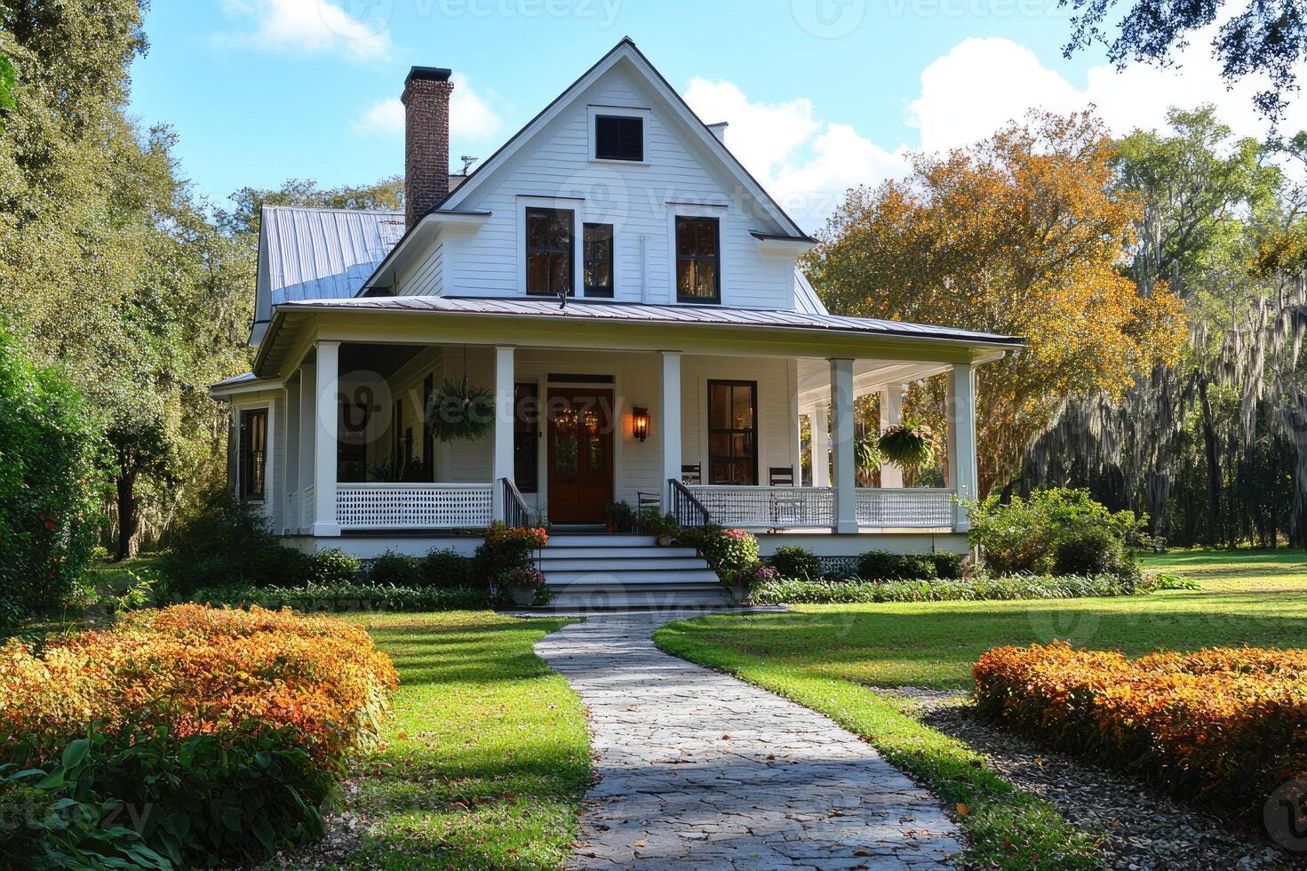 Classic american farmhouse decorated for halloween with pumpkins on the porch photo