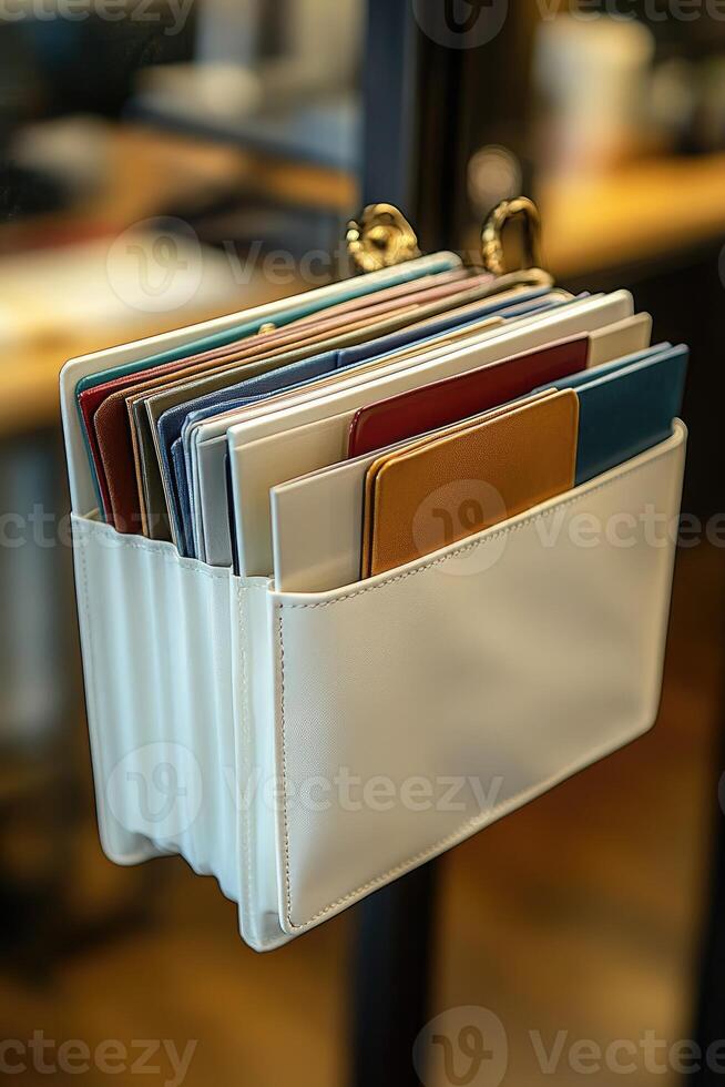 White leather desk organizer hanging on glass wall holding colorful files photo