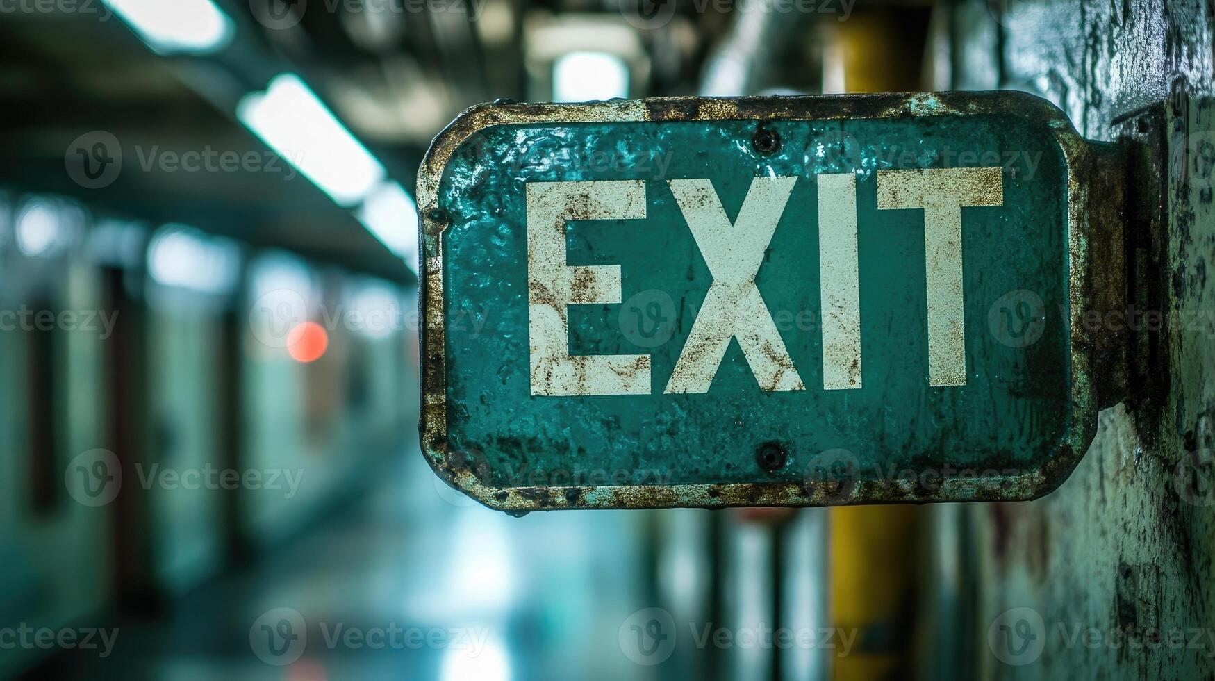 Old exit sign showing the way out of building photo