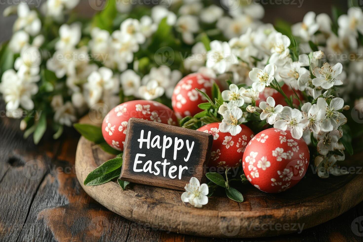 Happy easter wishing with red painted eggs and daisies surrounding a blackboard photo