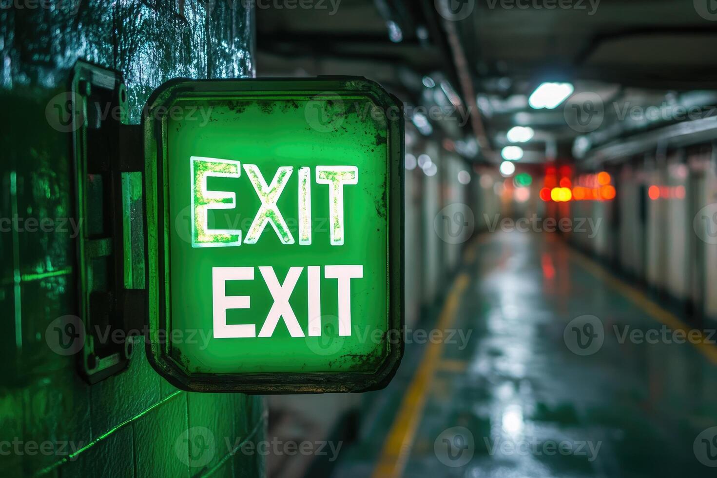 Illuminated red exit sign leading toward light in dark hallway photo