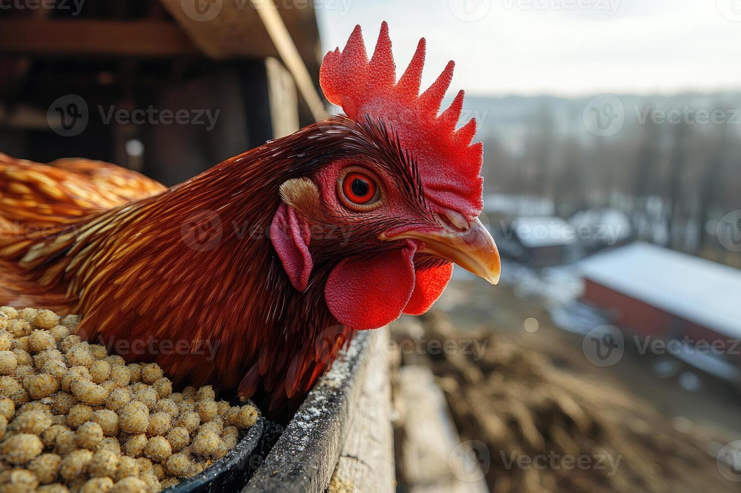 Red hen looking over the edge of a chicken coop photo