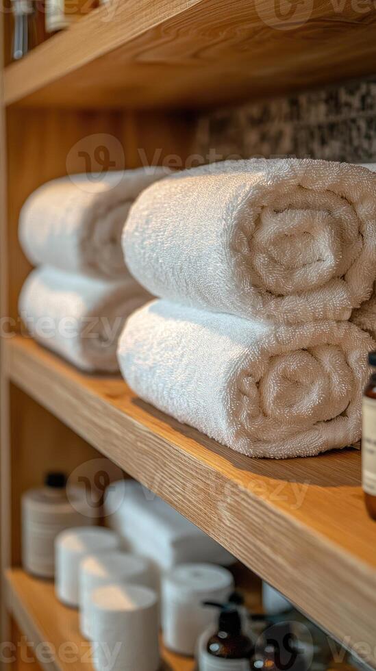 Stack of fresh white towels resting on wooden shelf in spa photo