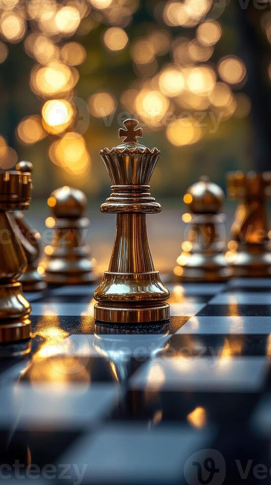Golden king chess piece standing on chessboard with bokeh lights photo