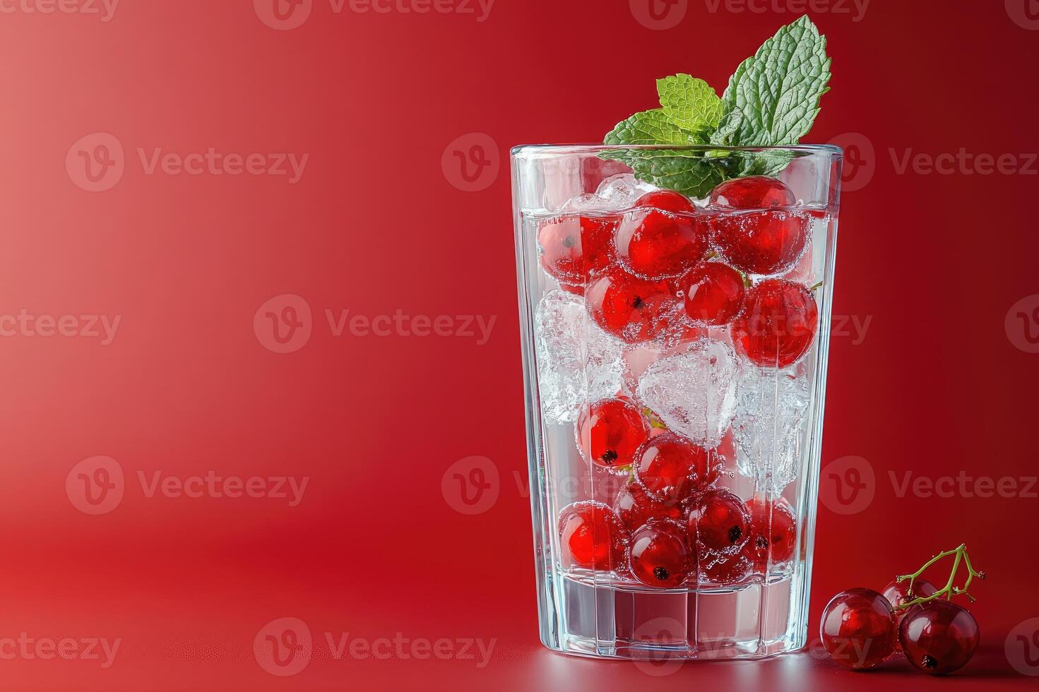 Glass of sparkling water with redcurrant and mint on red background photo