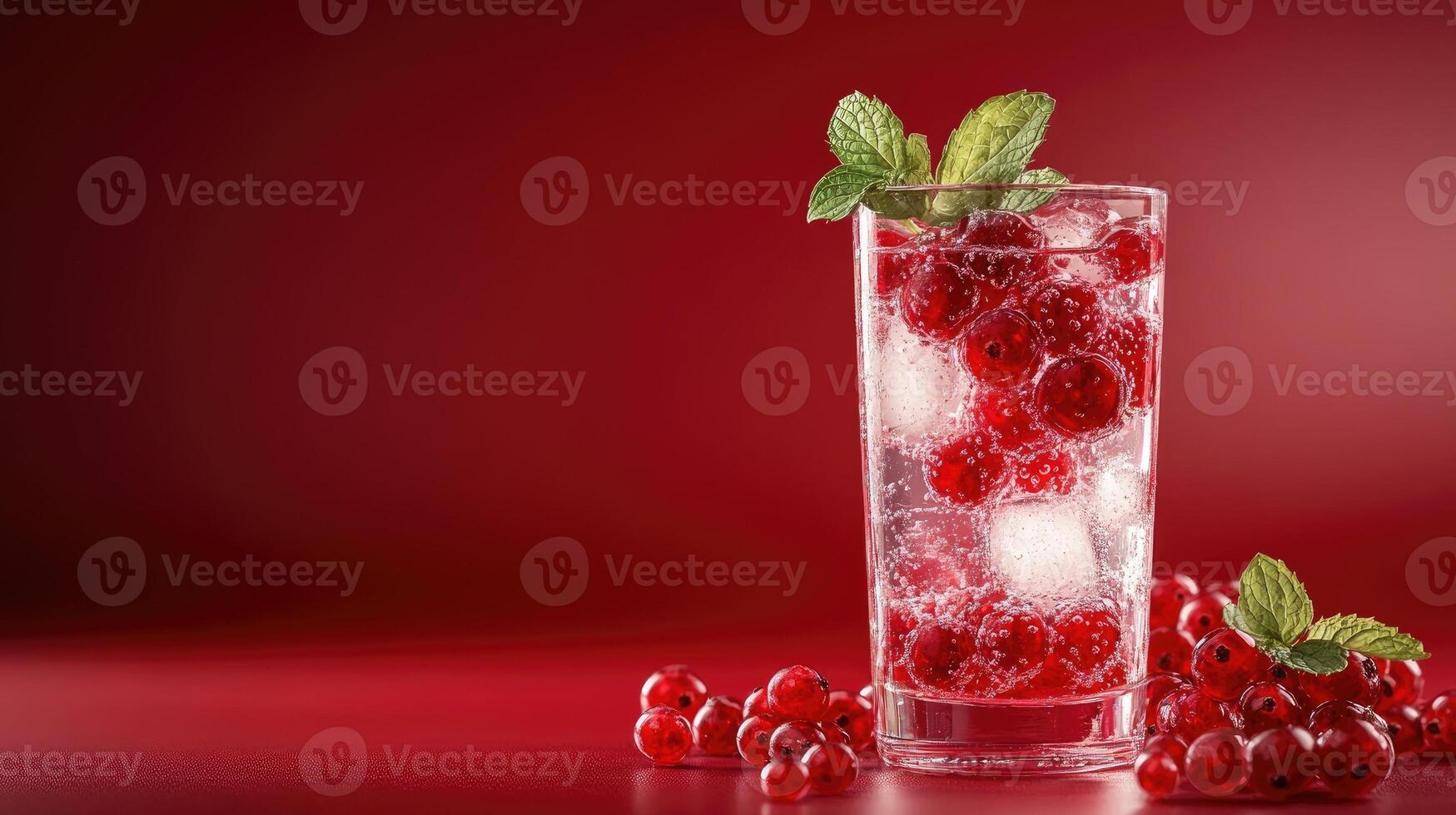 Refreshing red cocktail with ice, redcurrant and mint on red background photo
