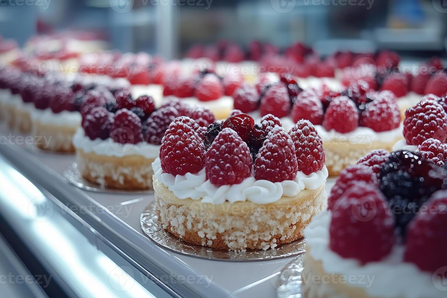 Delicious cakes with fruits and chocolate sitting on countertop display in bakery photo