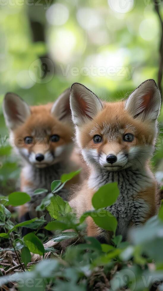 Two red fox cubs relaxing in the forest photo