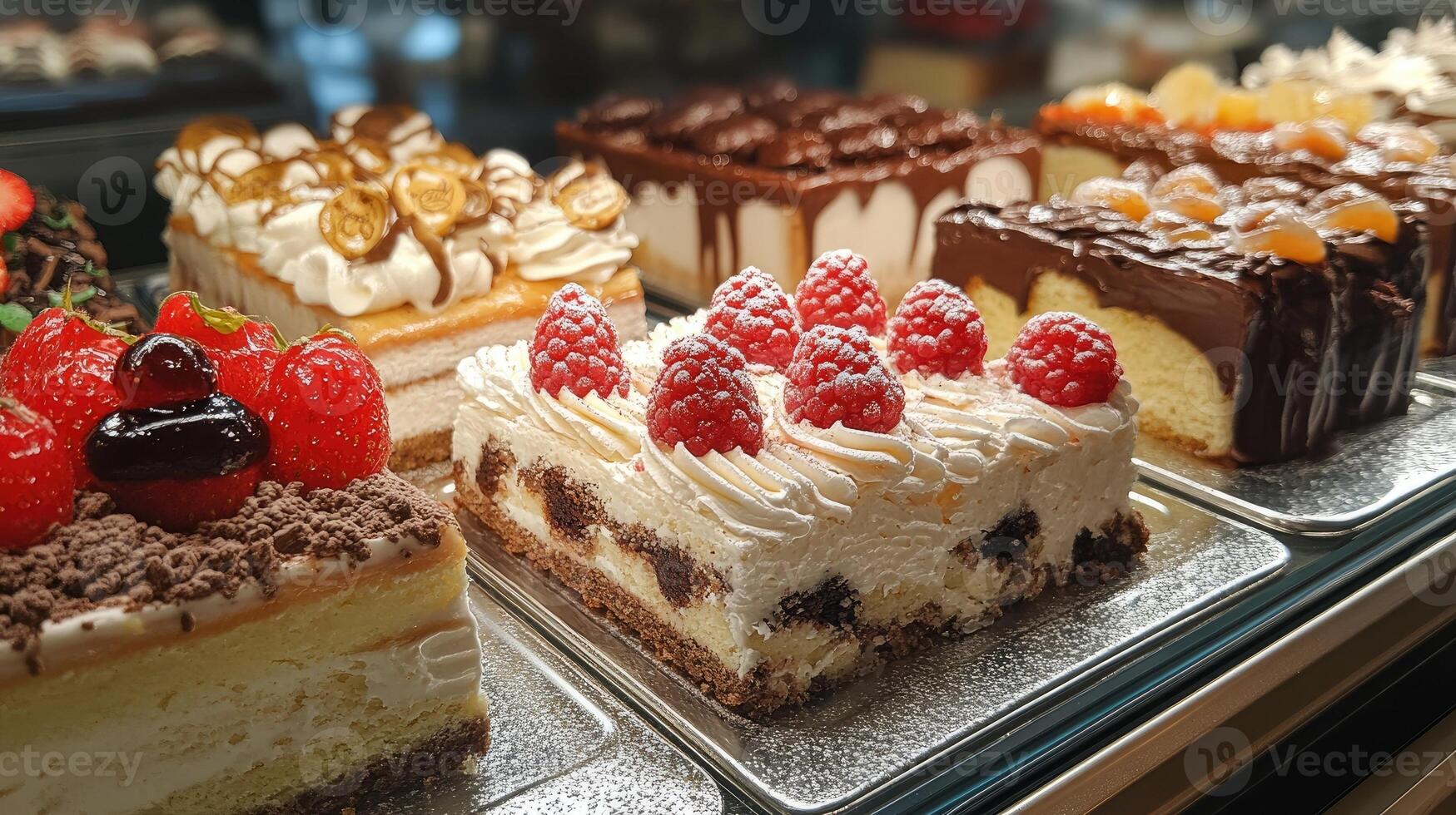 Delicious cakes with berries being displayed in pastry shop photo