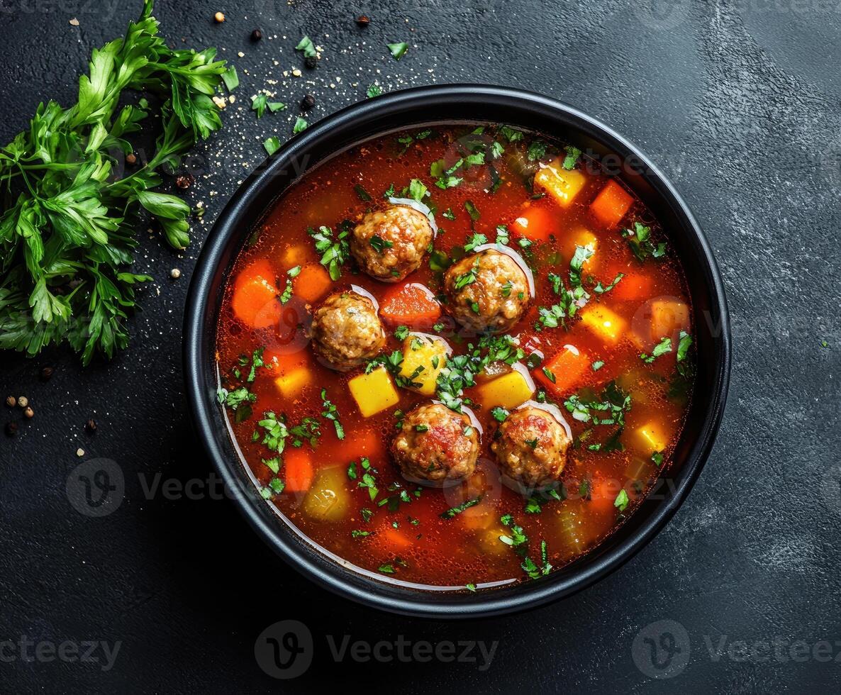 Delicious soup with meatballs and vegetables being served in black bowl photo