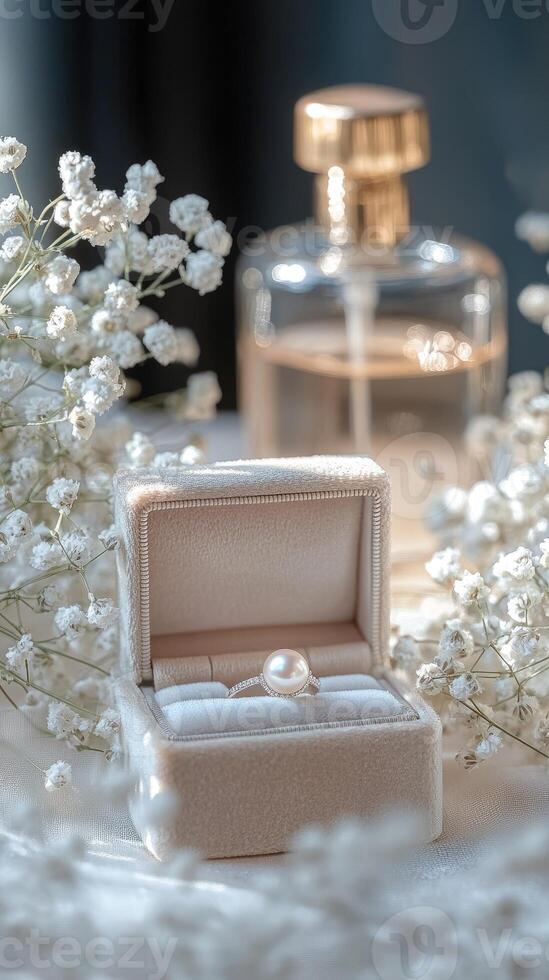 Elegant pearl ring resting in open jewelry box near perfume and gypsophila flowers photo