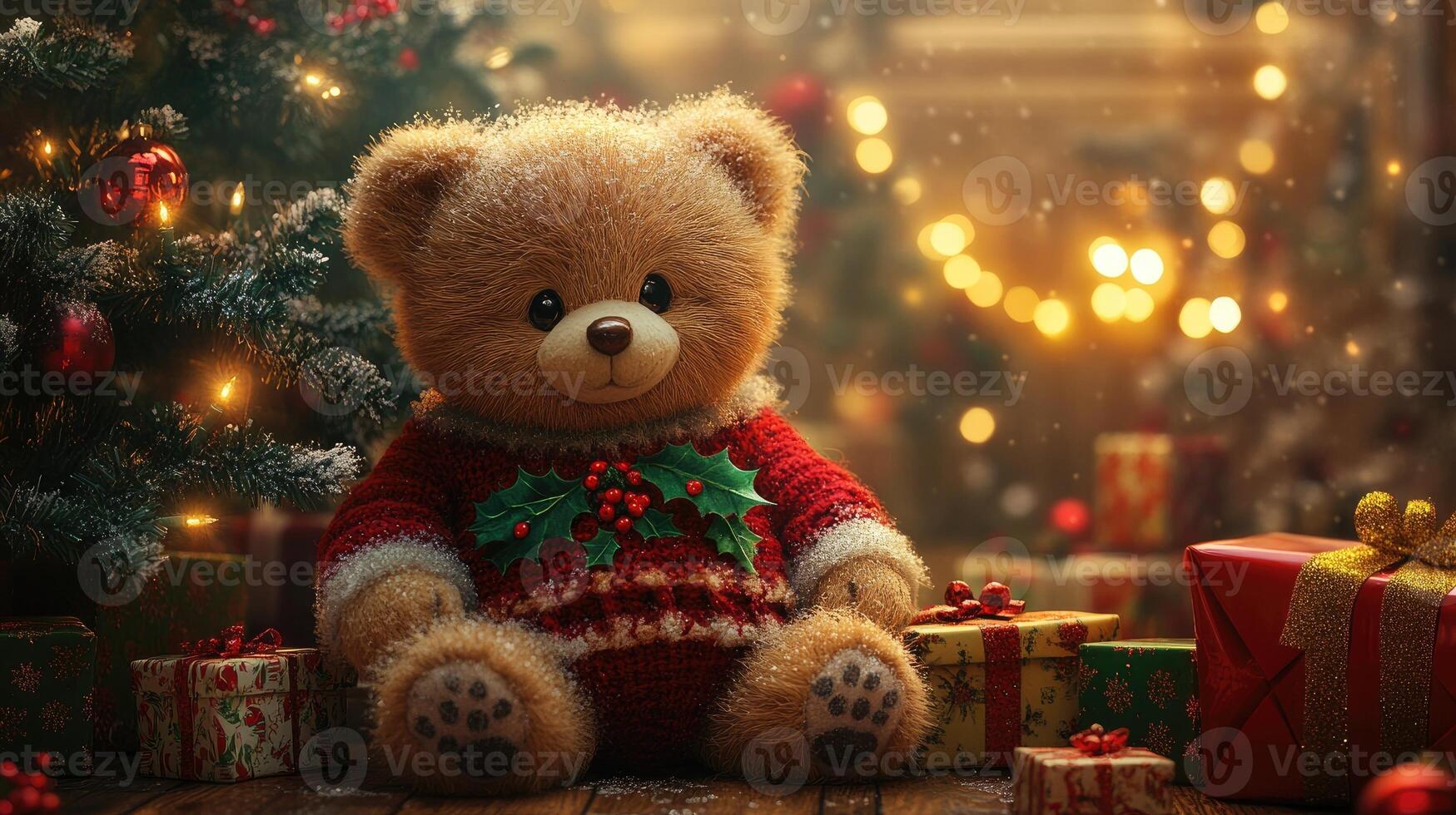 Cute teddy bear wearing santa claus clothes holding mistletoe near christmas tree photo