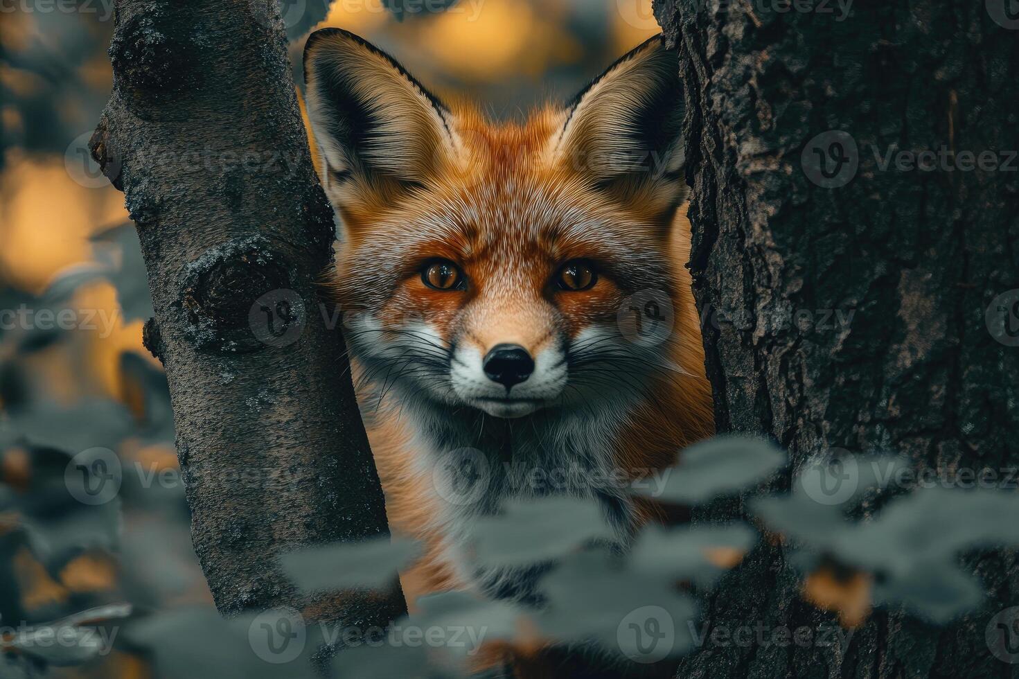 Curious red fox peeking from behind a tree in autumn photo