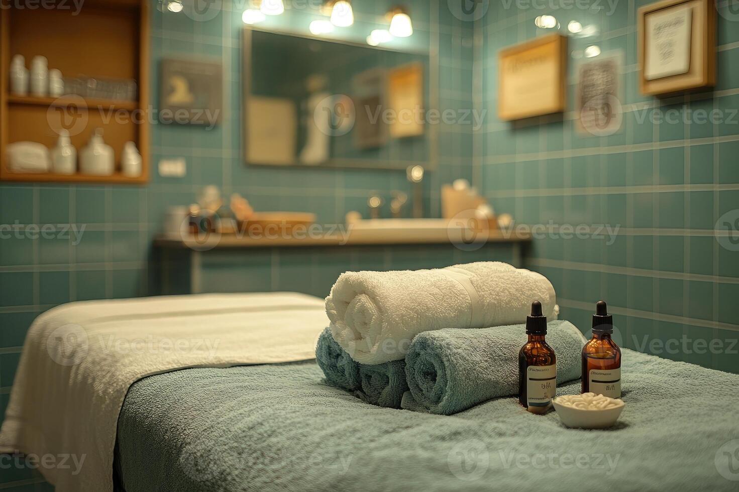 Massage table being prepared for client in spa with green tiles photo