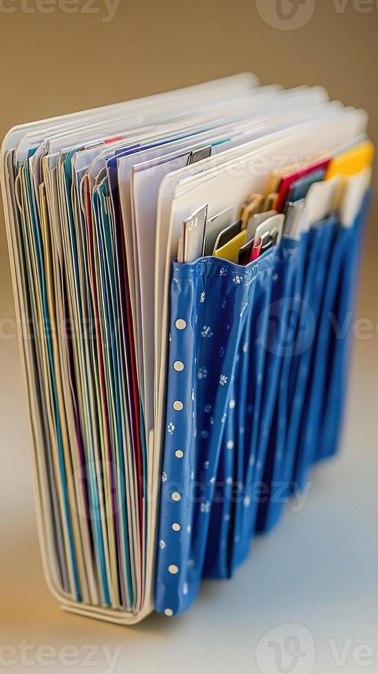 Colorful files organized in a home office setting with bright sunlight photo