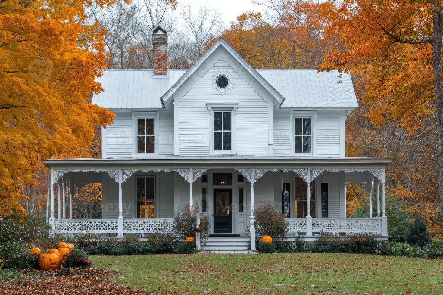 Classic american farmhouse decorated for halloween with pumpkins on the porch photo
